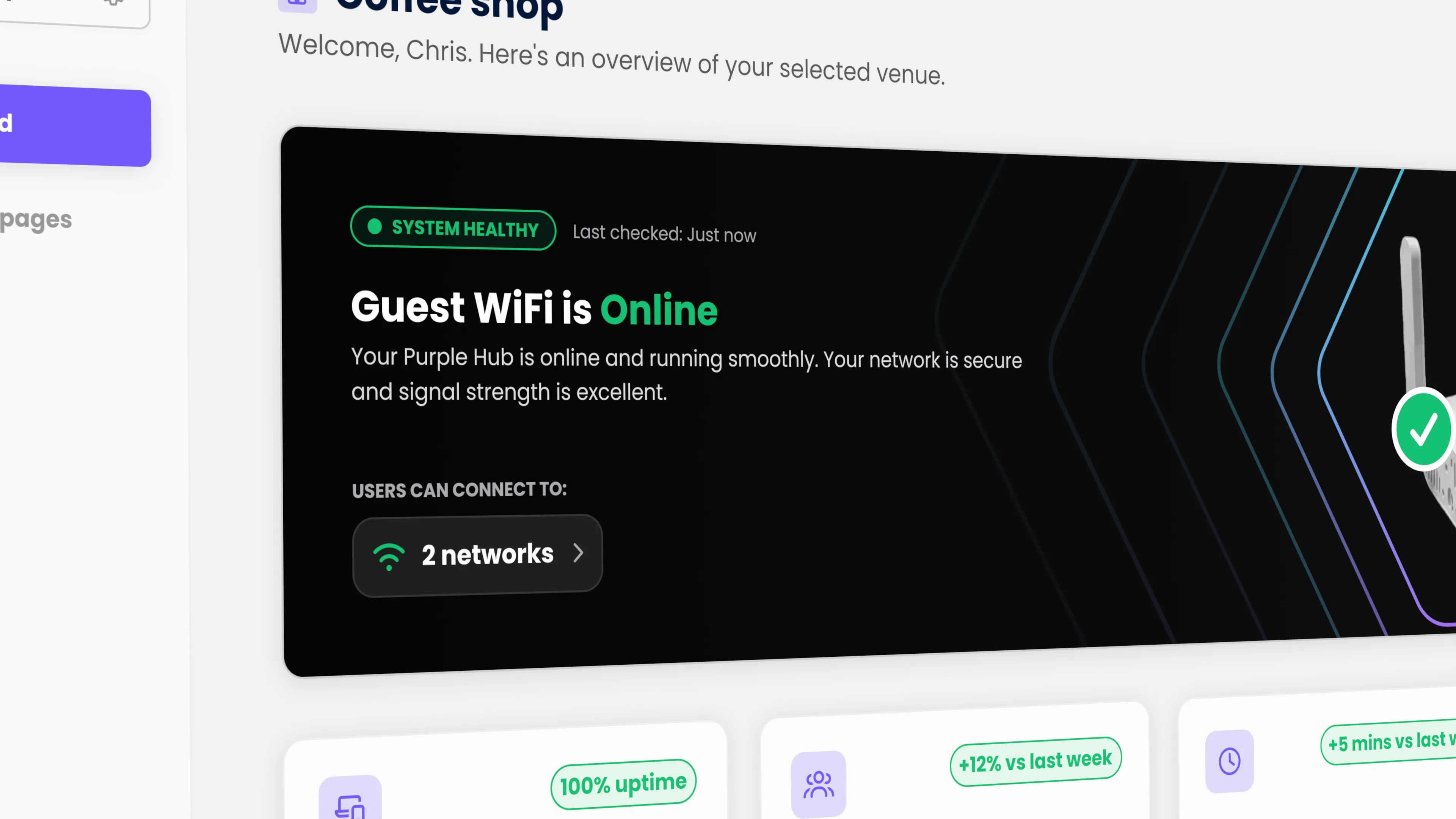 The Purple Starter dashboard for a venue, showing guest WiFi status
