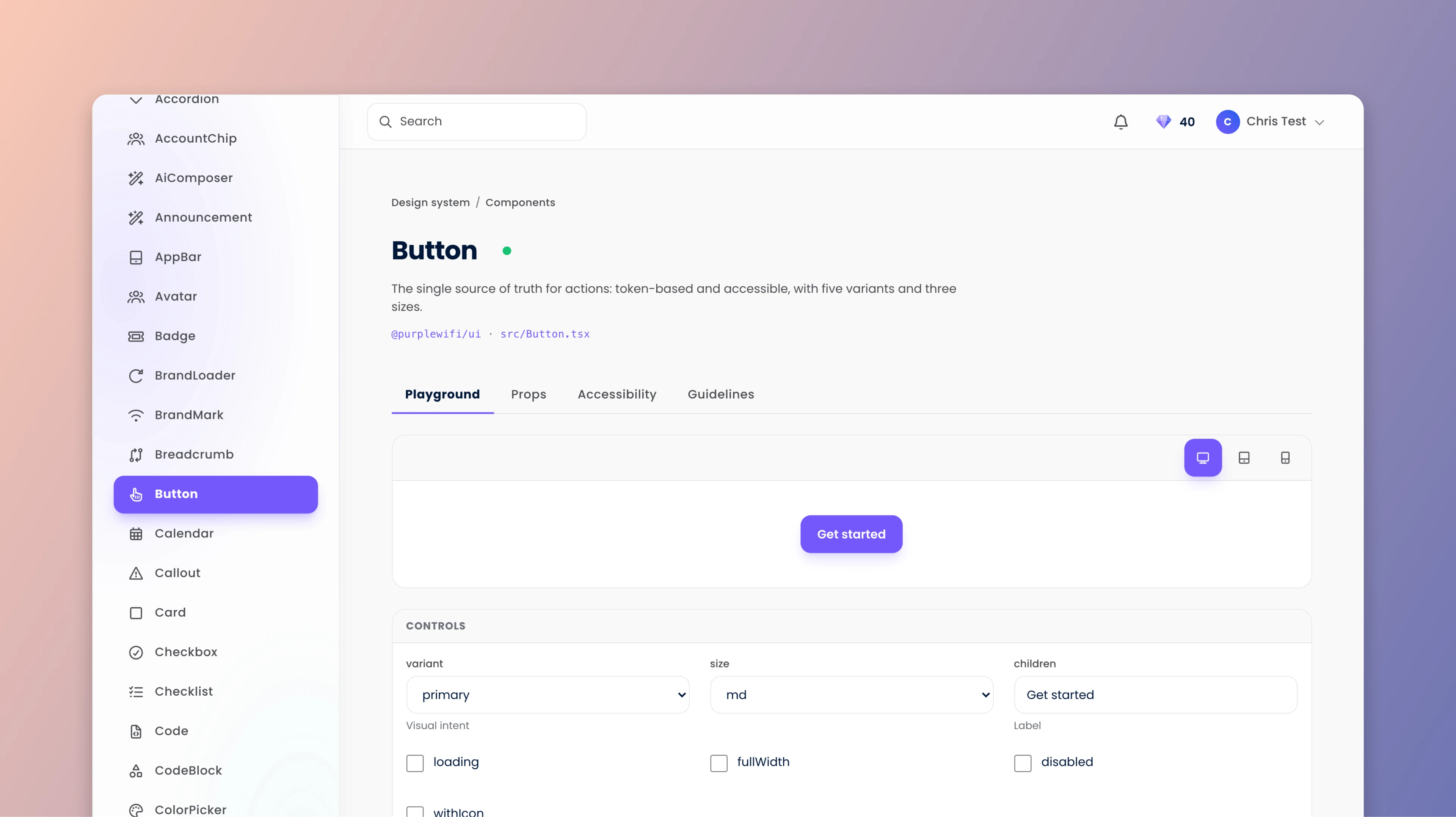 The Button page in Purple Design, with its live controls and the source file it is generated from