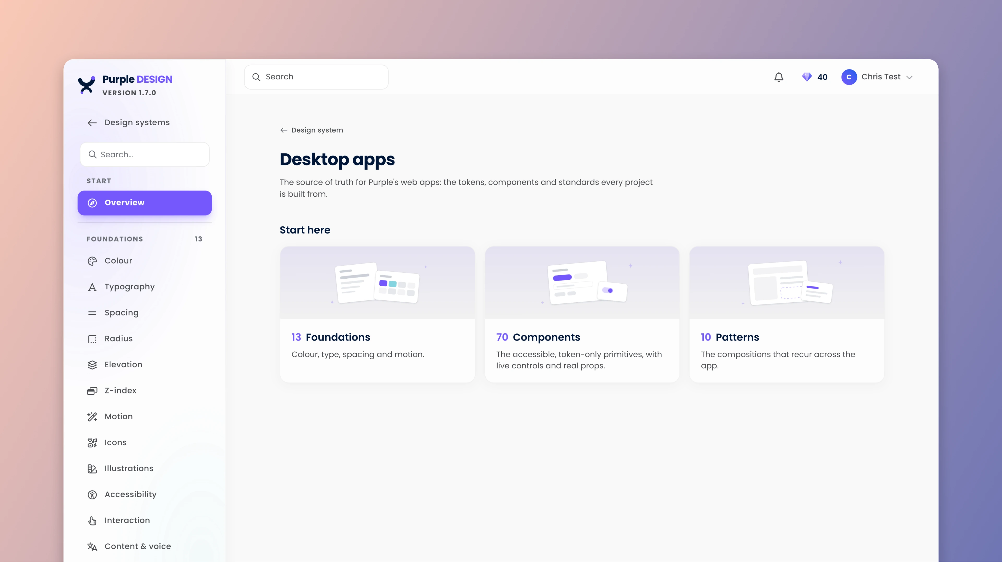 The Purple Design documentation app, open on the desktop overview